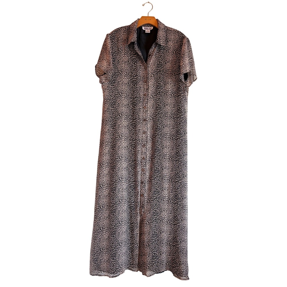 Vintage Robbie Bee Pure Silk Leopard Print Button Front Maxi Dress Short Sleeve